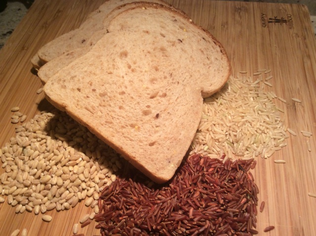 Clockwise: Whole grains from red rice, barley, whole wheat bread and brown r© Copyright 2015 Sangeeta Pradhan, RD, LDN, CDEice. 
