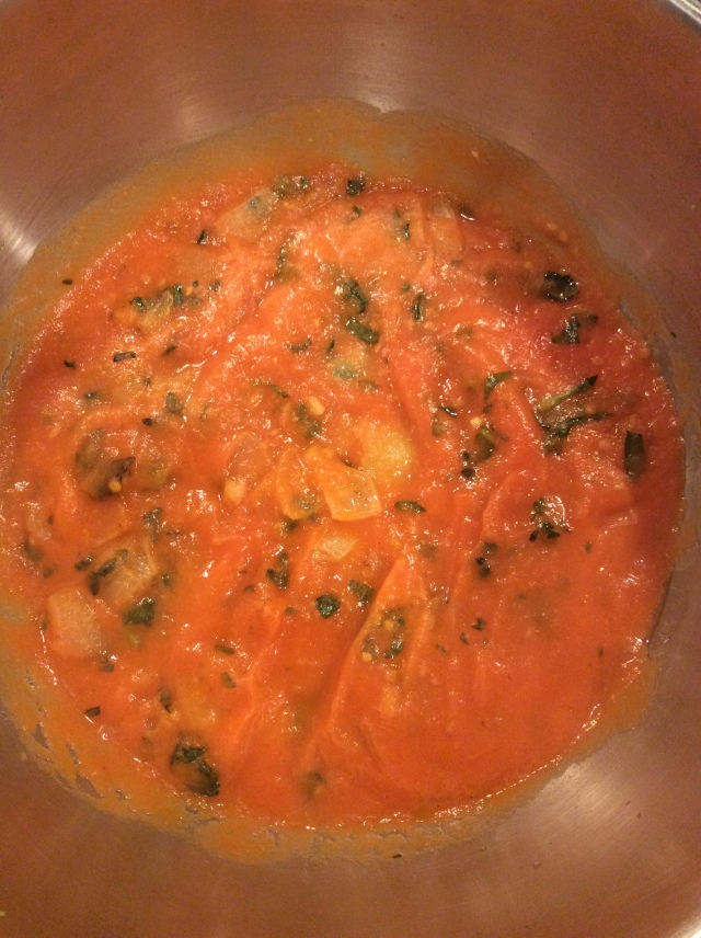 Pureed tomatoes and carrots are added to the onion-ginger and basil mixture in the pan. © Copyright, 2016, Sangeeta Pradhan, RD, LDN, CDE .